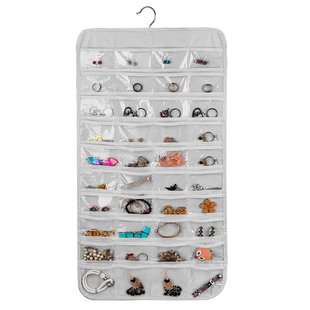 80 lommer dobbeltsidet holder i flere lag hængende smykker display øreringe halskæde display arrangør opbevaringspose: Hvid