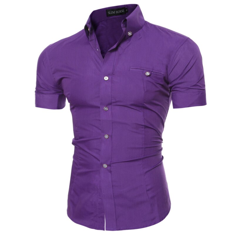 Camisa Social de verano para hombre, camisa de manga corta, Color sólido, ajustada para negocios,: purple / XXL