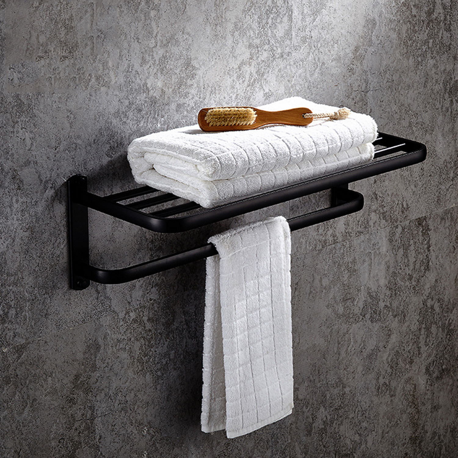 Foldable Double Layer Black Matte Space Aluminum Bath Towel Holder Rack Shelf for Bathroom Kitchen Office Black