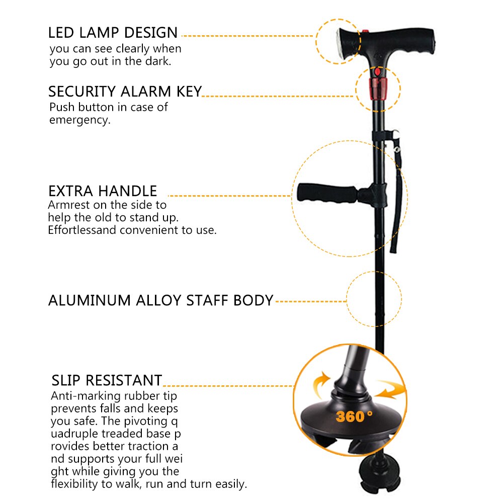 Walking Canes Retractable Foldable Cane Security Alarm and Walking Stick with LED Light Walking Canes for Seniors and Disabled