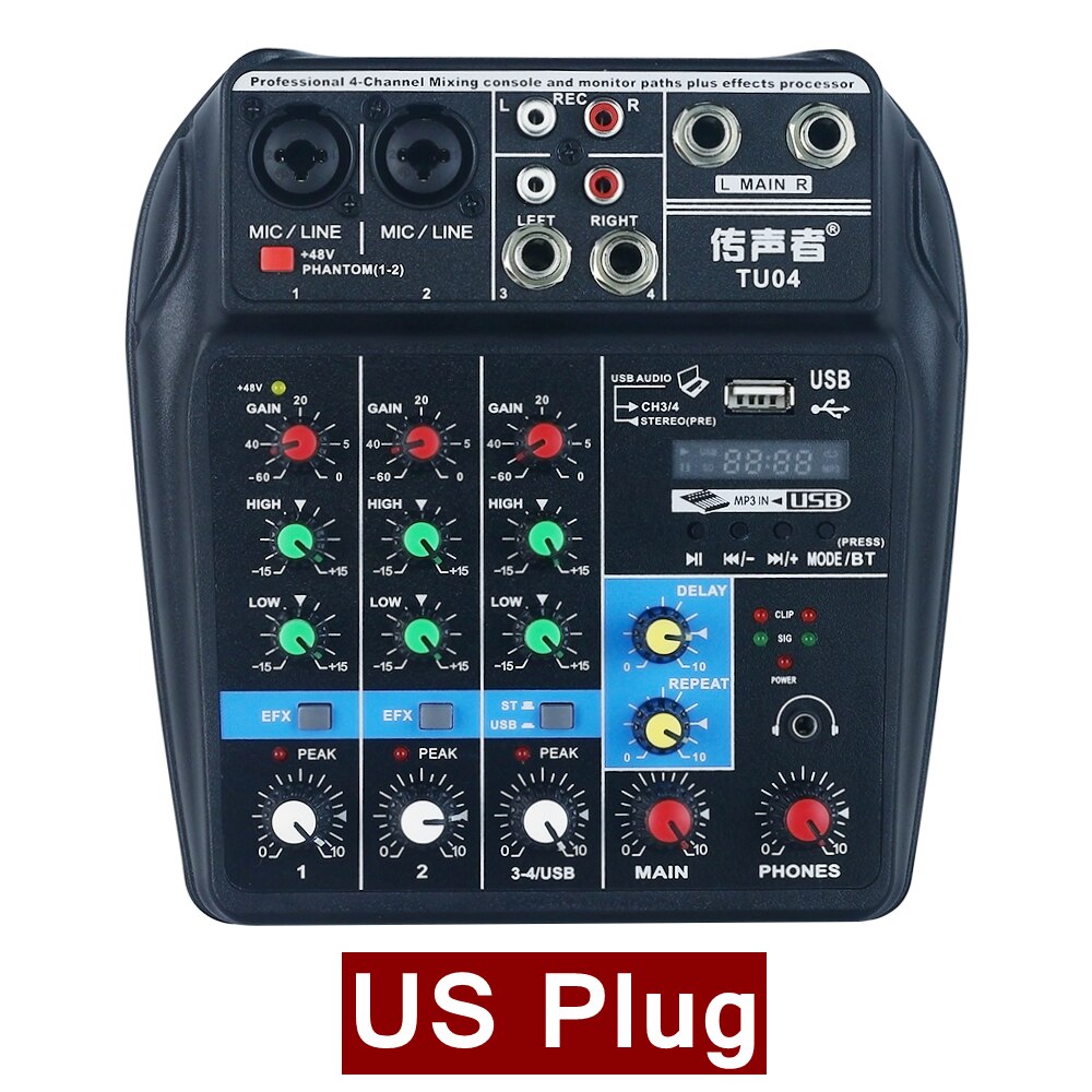 4 kanalers mixerpult bluetooth lydkort dj audio interface usb lyd mixer mikrofon 48v phantom power: Os stik