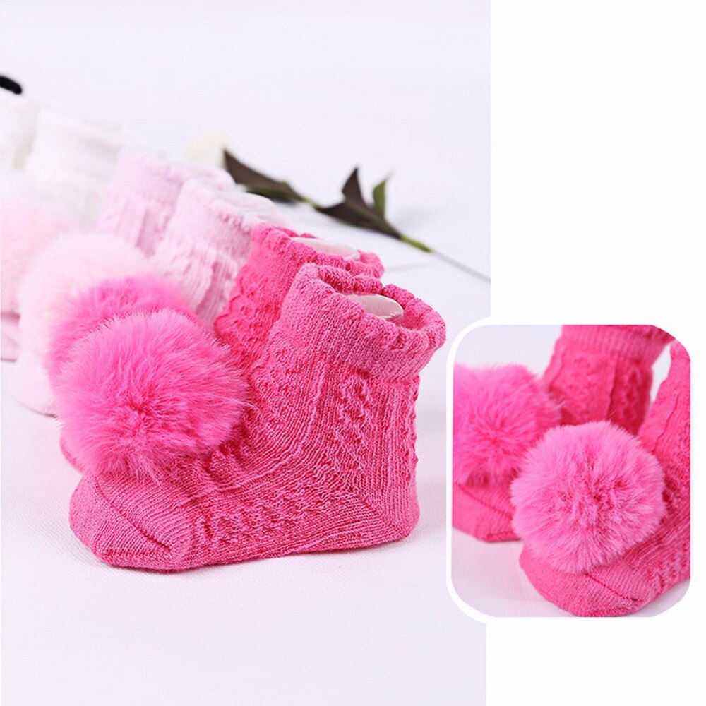 2 Paar/set Baby Meisjes Pom Pom Ademende Sokken Katoenen Baby Winter Sokken Set Anti Slip Met Pompom Antislip Sokken voor 0-6M