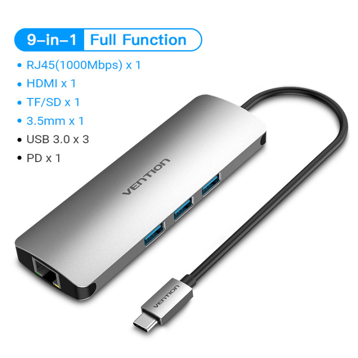 Ventie Thunderbolt 3 Dock Adapter Hub Usb C Naar Hdmi RJ45 Usb 3.0 Audio Video Splitter Voor Macbook Samsung Huawei usb C Adapter: 9 in 1-Full Function