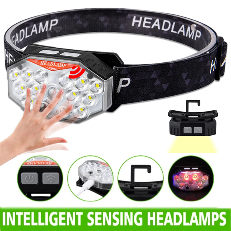 Genopladelig pandelampe bølgesensor led-lampe type-c oplader lommelygte camping fiskeri søgelampe indbygget batteri pandelampe