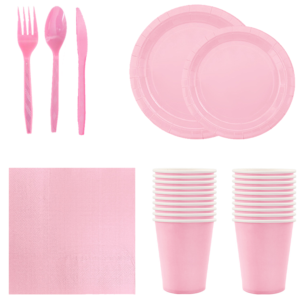 Decoraciones de cumpleaños con tema rosa sólido para niñas, vajilla desechable para fiestas, servilletas de papel, vasos, platos, manteles, paja