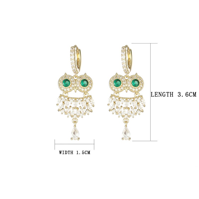 14k Real Gold Exquisite owl Zircon Earring for Women AAA Zircon Green Crystal Earring Daily Pendant Birthday