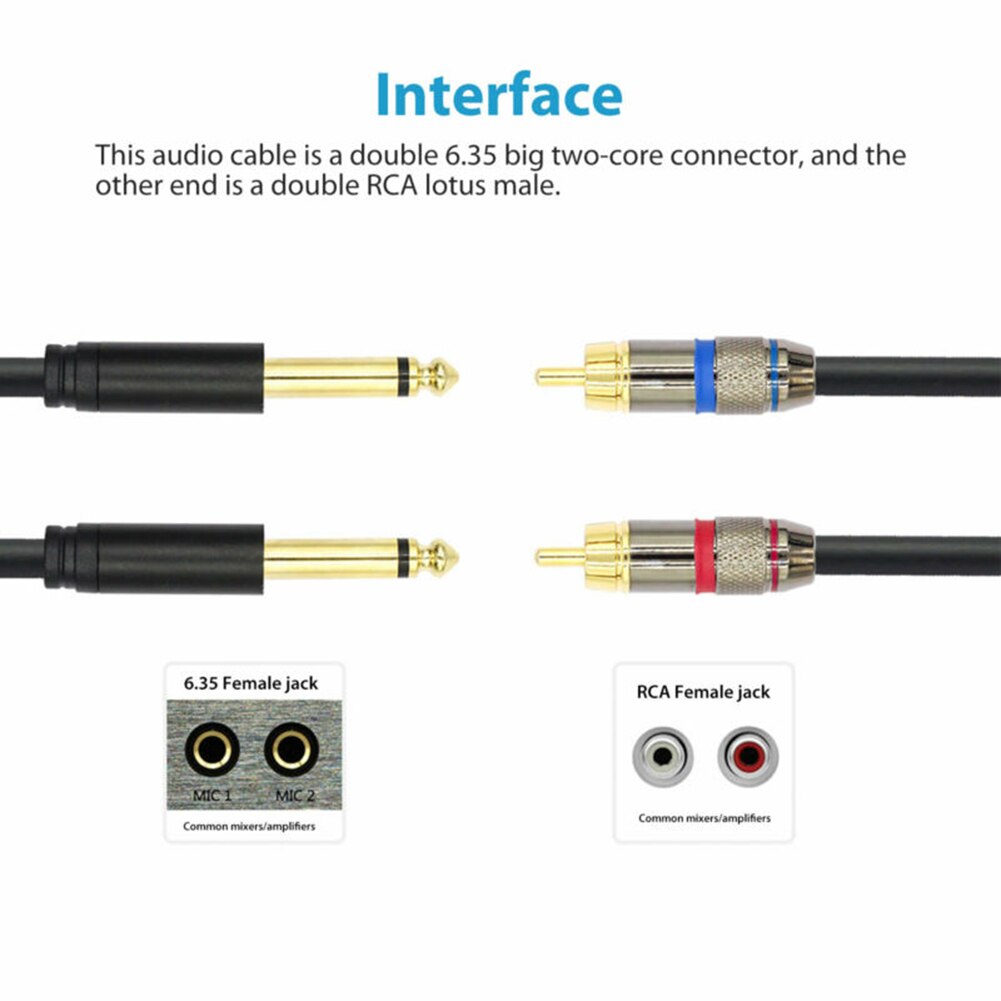 5FT 1/4 Inch TRS Jack To Dual RCA Cable Gold-Plated 6.35mm To 2 RCA Stereo Audio Reduce Noise Fidelity Effect Instruments Parts