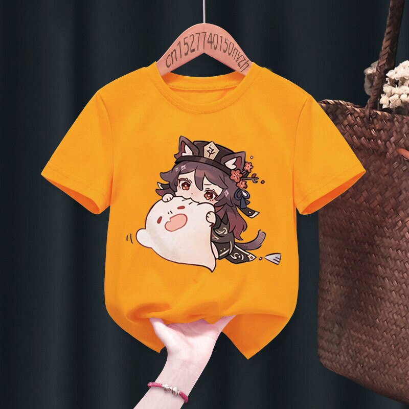 Hu Tao Genshin Impact Print Red Kid t-shirt bambini bambino nero Harajuku Kawaii vestiti ragazzo ragazza top regalo presente, nave di caduta