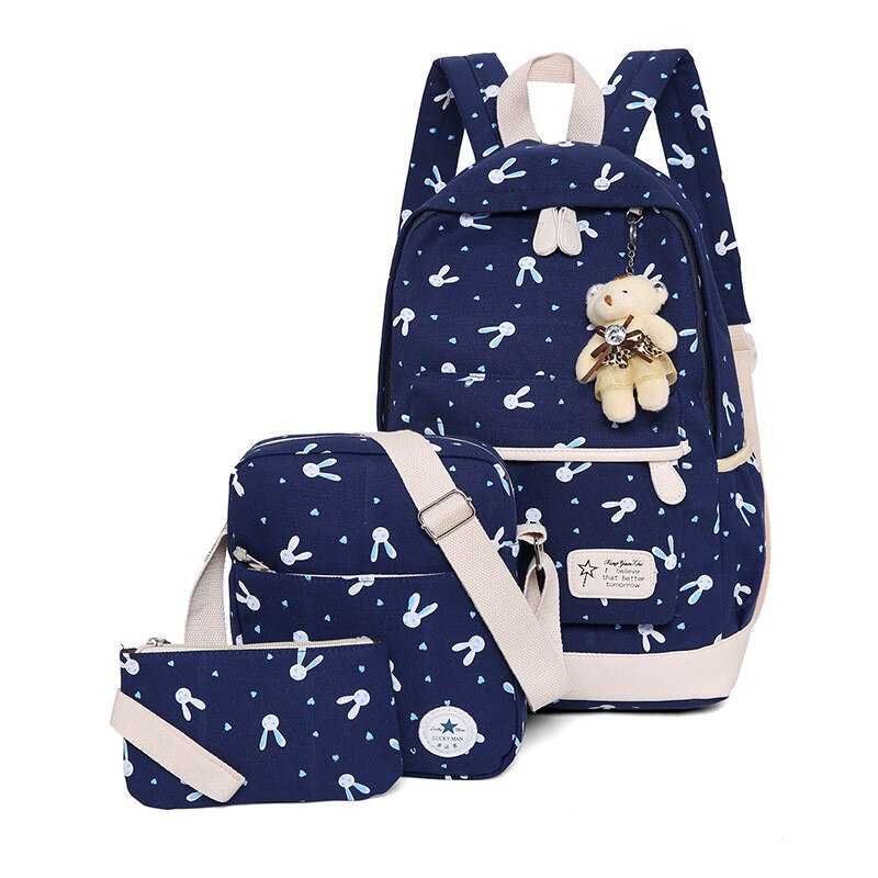 3Pcs/set Women Backpack School Bags Rabbit print Laptop Backpacks With Bear for Teenagers Girls Travel Bag Rucksacks Mochila: Dark Blue