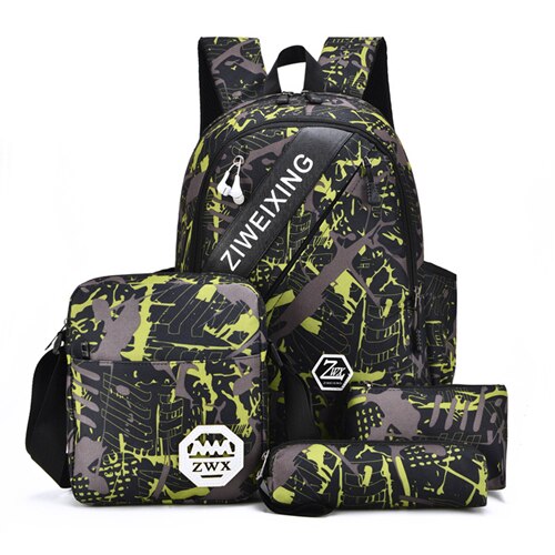 Tiener Waterdichte School Rugzak 4 Stks/set Schooltassen Leuke Camouflage Afdrukken Nylon Hoge-Capaciteit Rugzakken Mochila Escolar: green