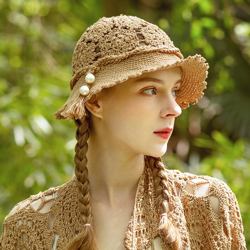 X023 sombreros tejidos a mano para mujer, gorros de tejido calado para adultos, gorros de pescador para niñas, sombrero de pescador para combinar con todo, gorro de punto, sombrero de cubo: Dorado