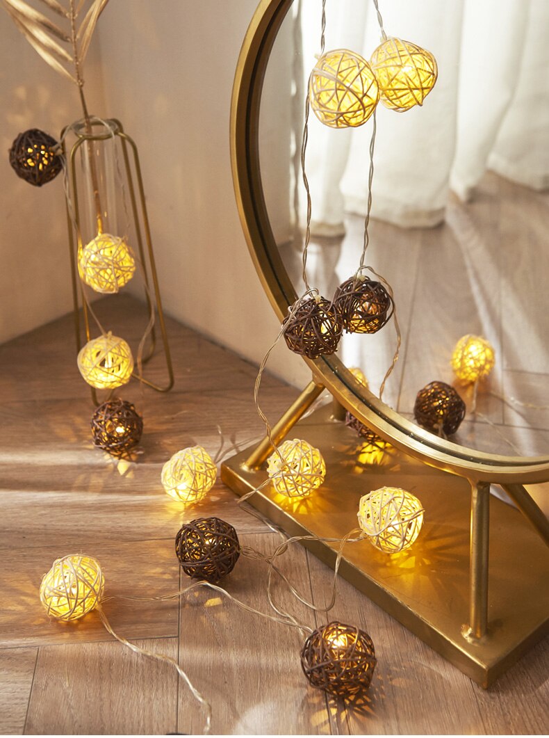 Guirlande lumineuse boule de rotin à 28led, 220V, 5M, 4cm, pour rideau de mariage, décoration de noël, pour patio, maison: white and coffee
