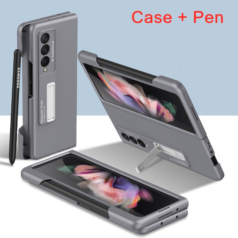 Magnetische Kickstand Pen Houder Slot Case Voor Samsung Galaxy Z Vouw 3 Case Met Mobiele Telefoon Stylus Pen Matte Hard pc Cover: Gray With Pen