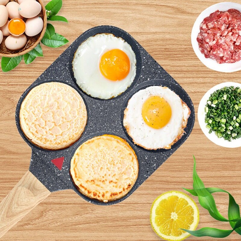 4-Cup Non-stick Ei Pan,7.5 Inch Aluminium Ei Koekenpan, houtnerf Handvat Pannenkoek Pan, Voor Frituren Eieren, Hamburgers