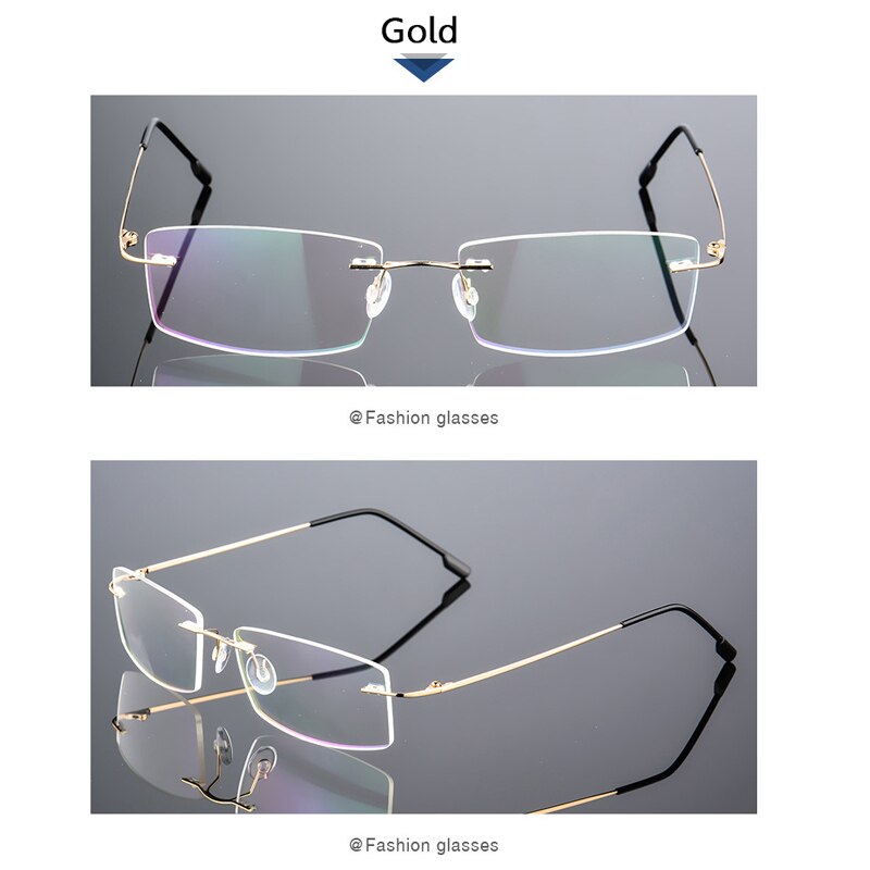 Anti-blåt lys foldende kantløse briller optiske briller mand firkantet rustfrit stål letvægts hukommelse titanium spektakel: Guld
