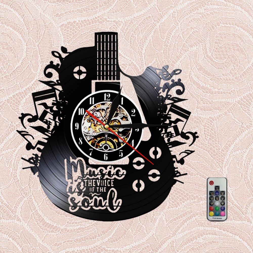 1pc Vinyl Record Wall Clock Guitar Shape Wall Hanging Clock Decorative LED Clock Without Lamp (As Shown): Black