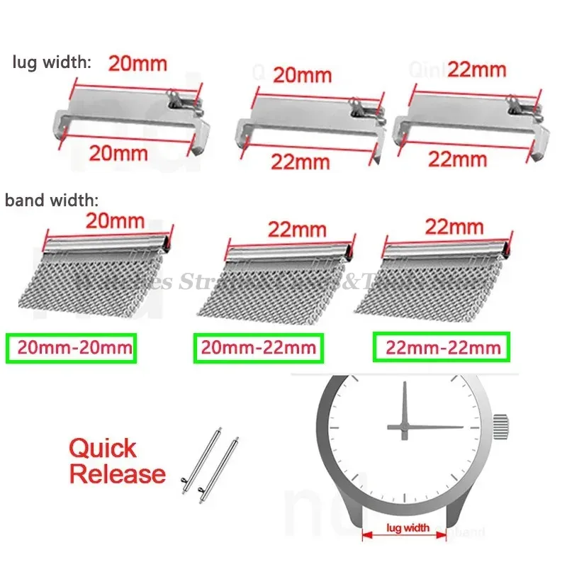 Adaptadores de correa de 20mm a 18mm 20mm 22mm a 22mm 22mm a 20mm, conectores de pines de liberación rápida, accesorios de barras de resorte para correa de reloj, 2 uds.