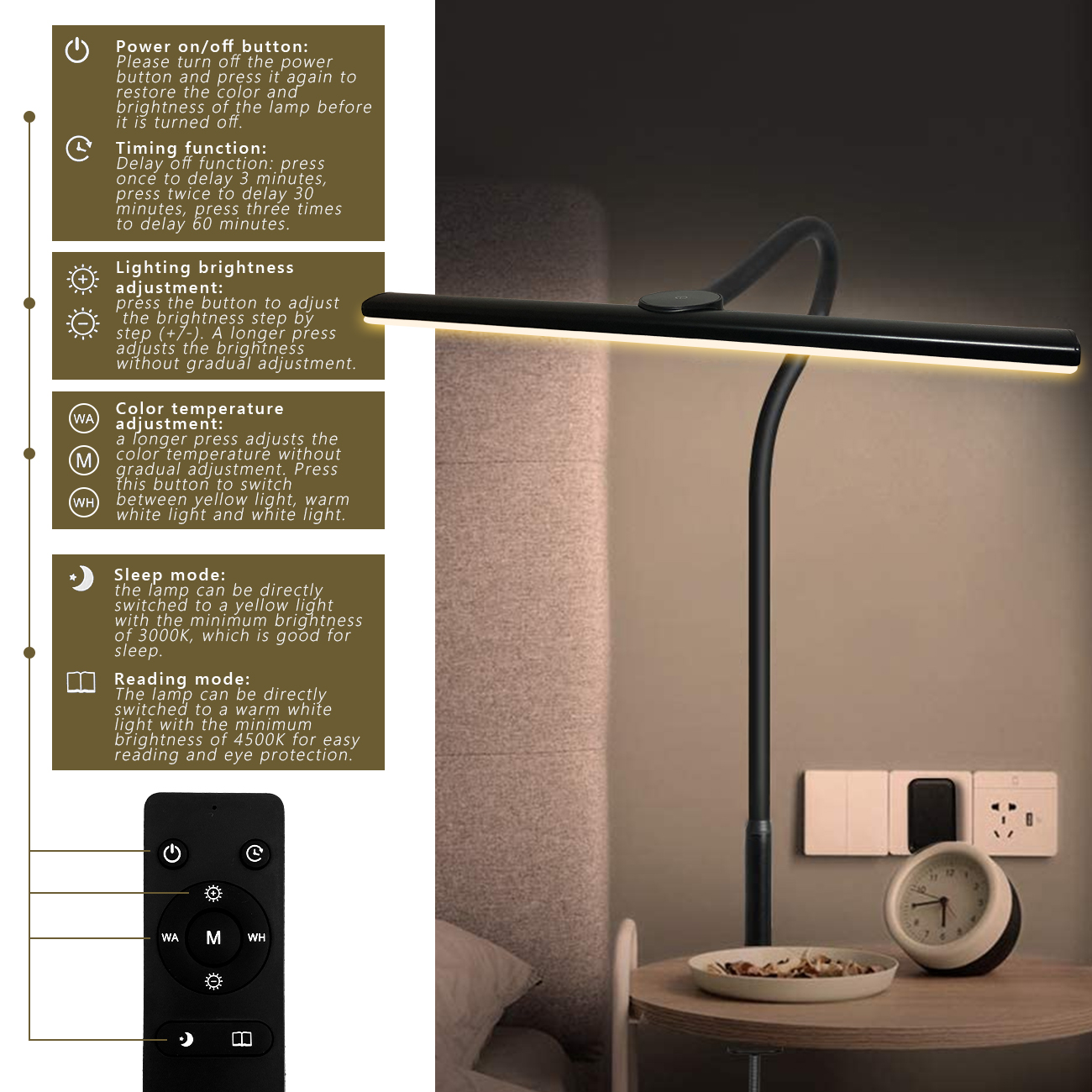 Een Bureaulamp Met Klem, 3 Kleurmodi, Flexibele Zwanenhals Klemlamp, Oogverlichting 18W Touch + Afstandsbediening Kleurhelderheid