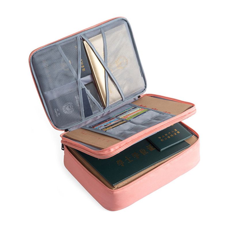 Double Layer Document Ticket Bag Zipper Storage Large Capacity Certificates Files Organizer Home Travel: Pink