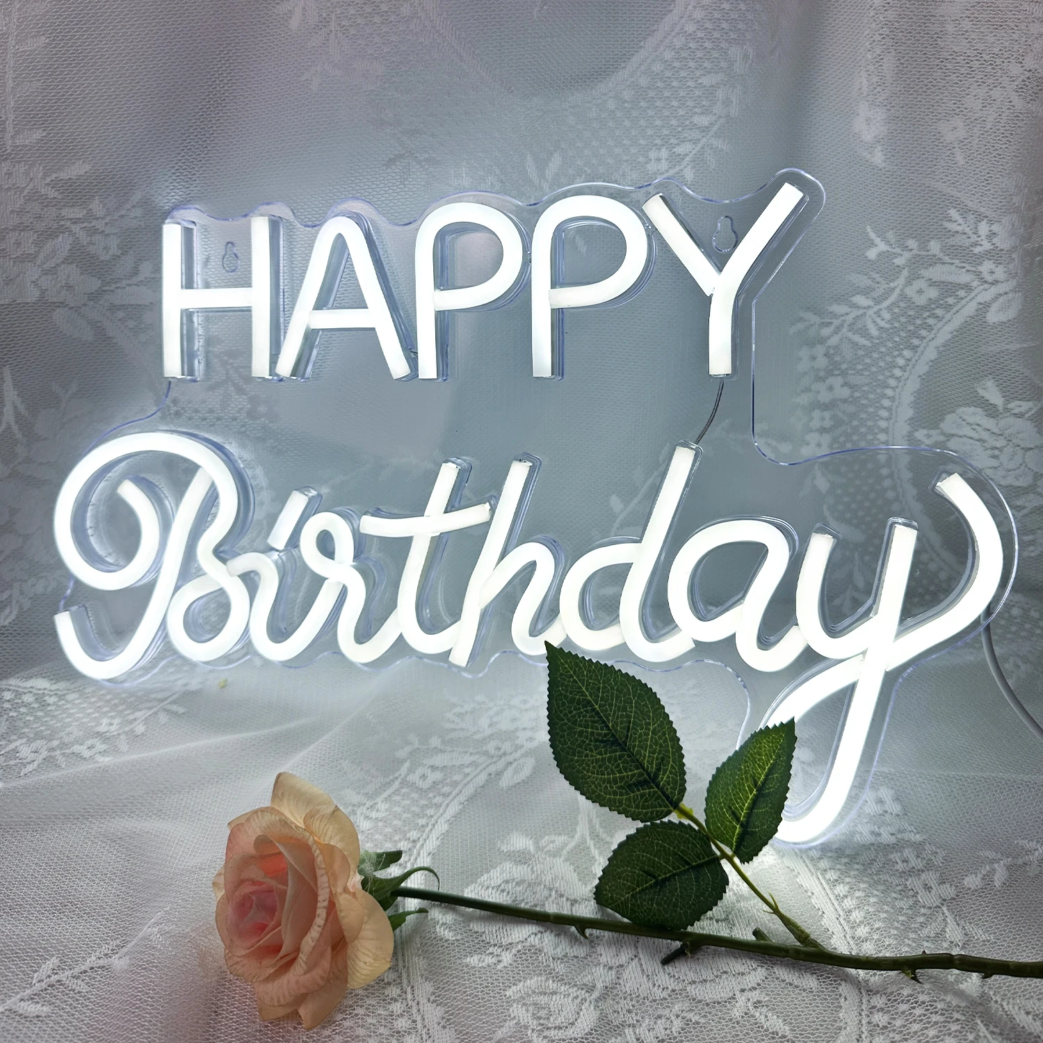 Letrero de neón de feliz cumpleaños, decoración de pared para de cumpleaños, decoración de habitación regulable, lámpara Led acrílica para el hogar, habitación, Bar, de cumpleaños: Blanco frío