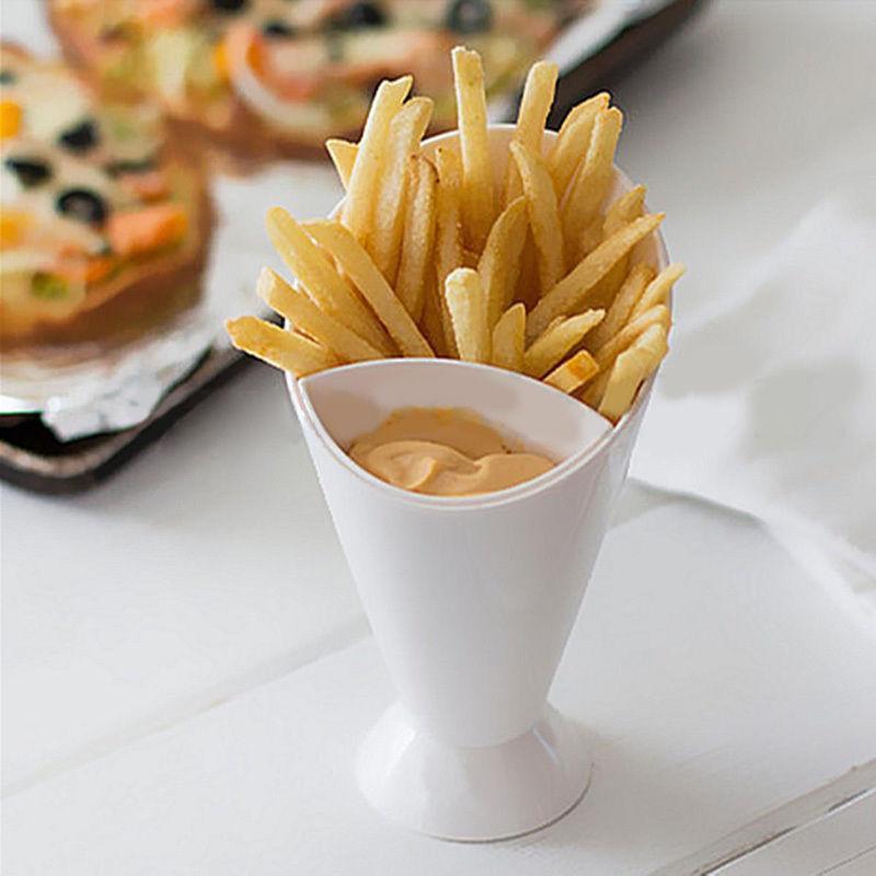 6 Porte-frites En Plastique Avec Saucière - Cône Pour Frites, Snacks - 16x9,8 Cm - Blanc - Pour Fêtes