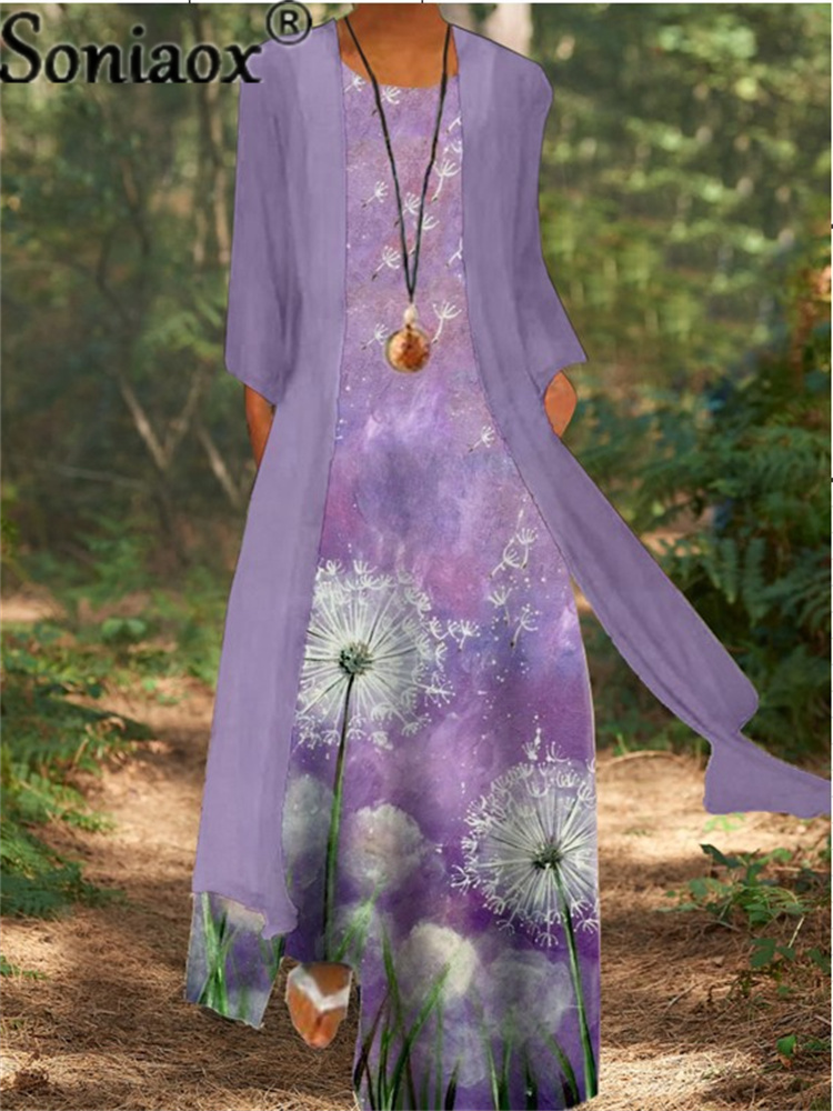 Two-Piece Set Lady Flower Print Sleeveless Maxi Dress With Cardigan Clothes Women Summer Boho Dresses Coat: L / Light Purple