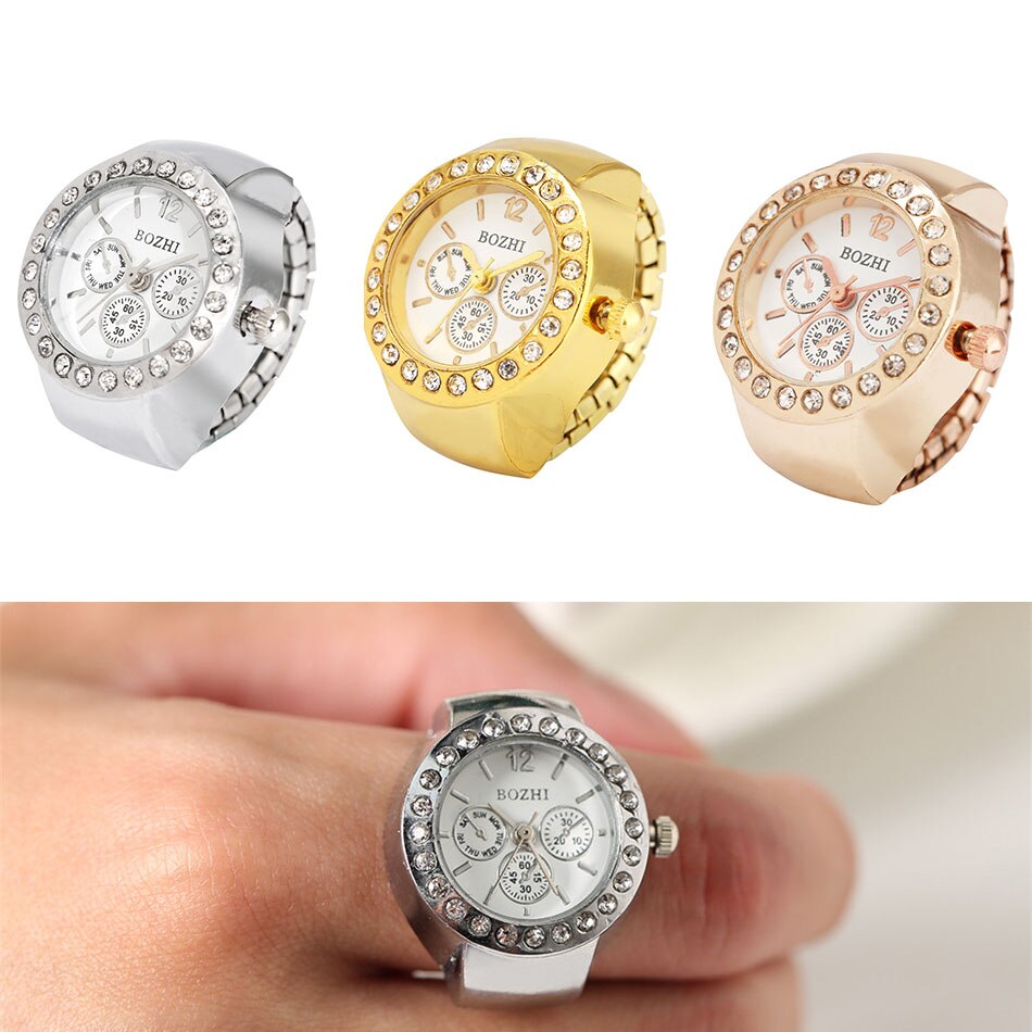 Strass Vrouwen Zilver/Goud/Rose Goud Legering Elastische Band Ring Horloges Quartz Uurwerk