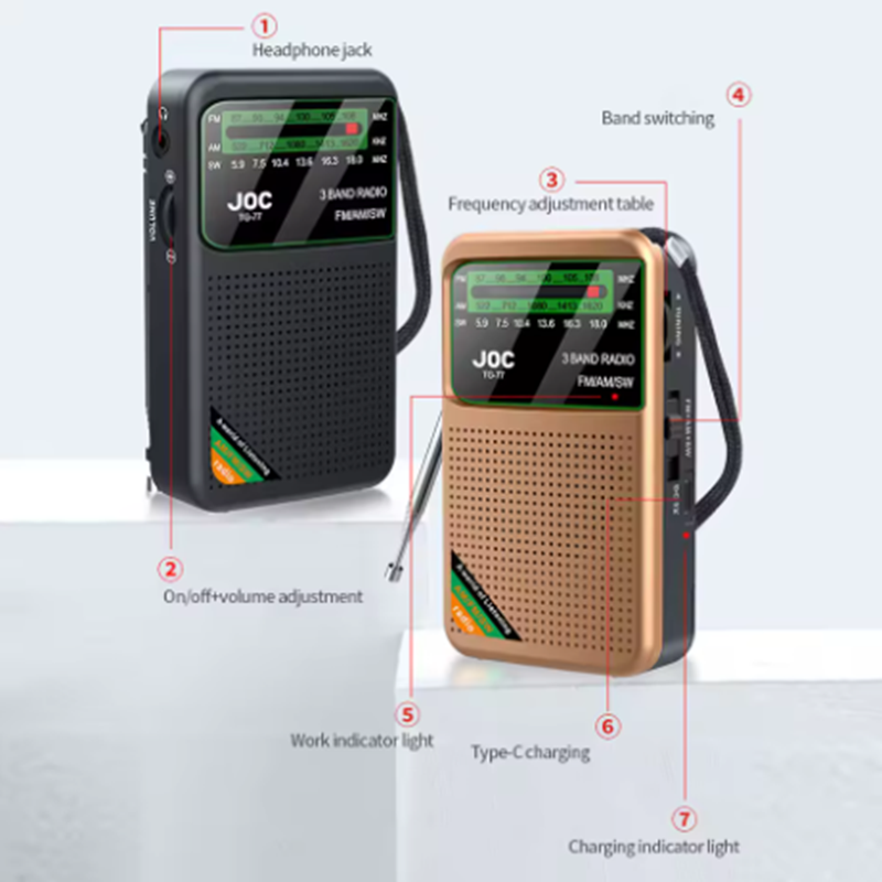 Battery Operated Radio FM AM SW Radio Built-in Speaker Pointer Pocket Radio Type-C Rechargeable with HD Display Screen for Elder