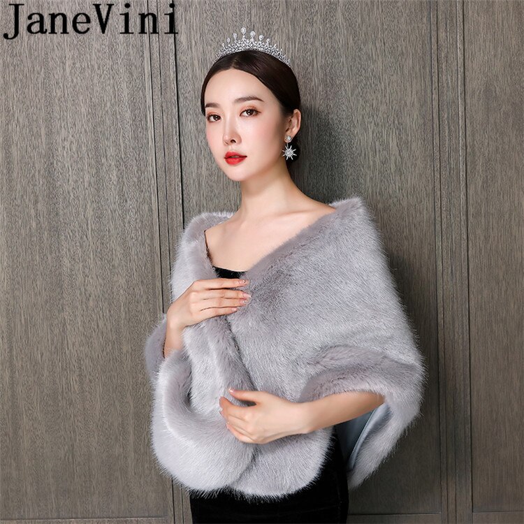 JaneVini Gray Fur Bridal Cape Women Bolero Femme Winter Wedding Dress Shrugs Shoulder Wraps Bride Faux Fur Shawls Stoles