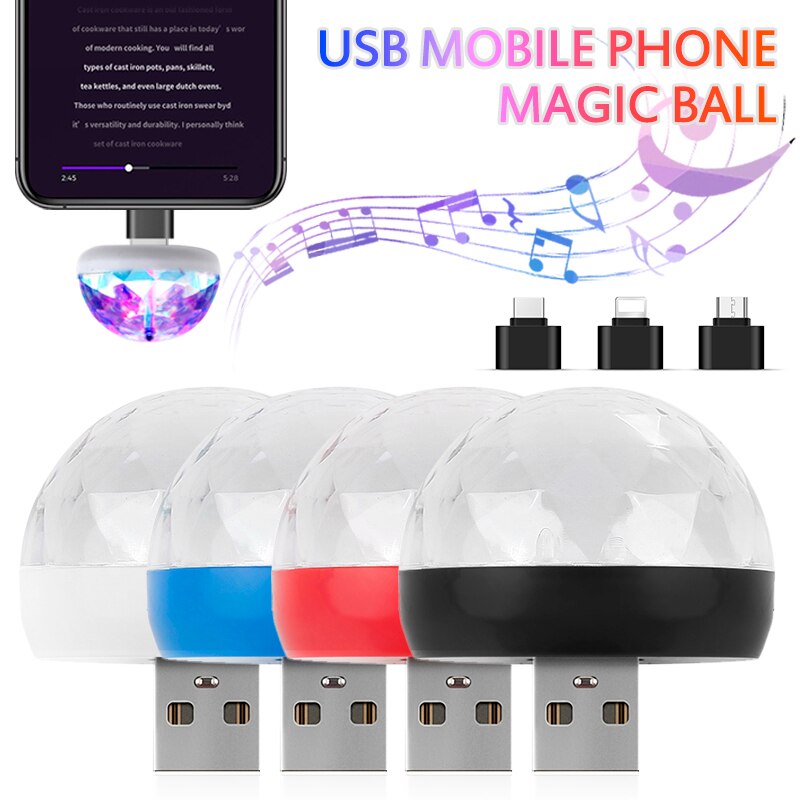 Auto Led Auto Lamp Usb Omgevingslicht Dj Rgb Mini Kleurrijke Muziek Geluid Licht USB-C Interface Apple Interface Magic Telefoon bal Lamp