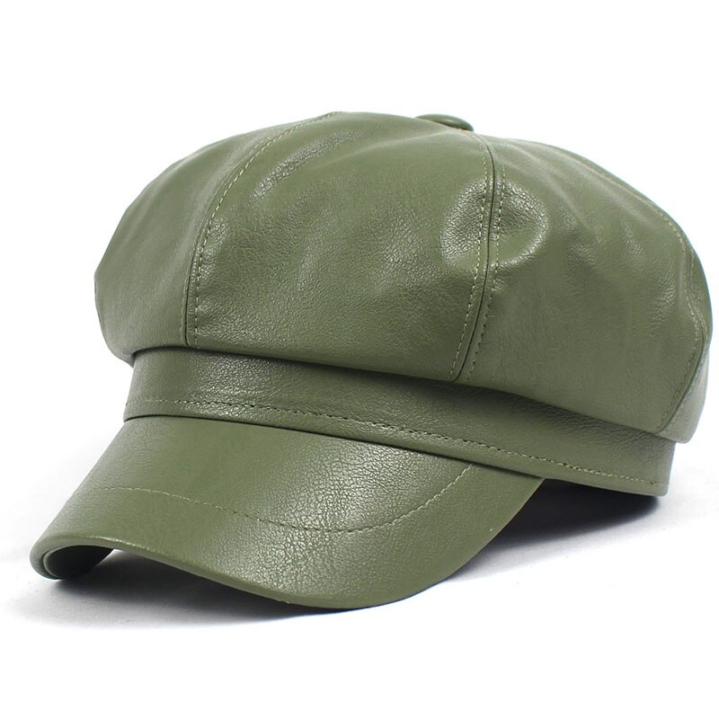 Lanxxy Autumn Winter Newsboy Caps for Women Vintage Solid Leather Beret Cap Casquette Hats Female: green