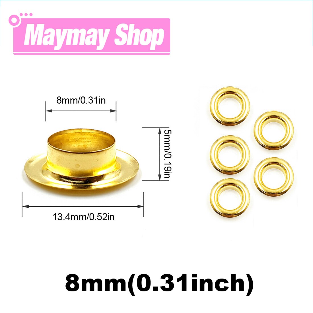 50pcs 8mm Hole Metal Eyelets Grommets with Washer Punch Set Tool Diy Leathercraft Accessories Clothes Shoes Belt Cap Bag Tags: Gold