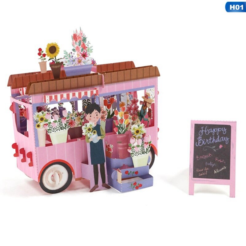Handmade Three-dimensional Flower Cart Greeting Card 3D Paper Sculpture Card Birthday Card Pop-up: Default Title