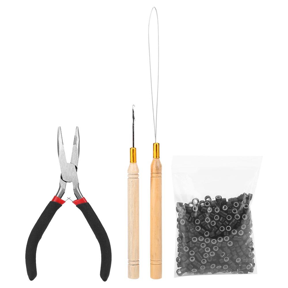 Kit de extensiones de cabello, Kit de herramientas de extensión de cabello, Micro anillos de cuentas de silicona, 2 ganchos de tracción y alicates, 500 Uds.: Negro