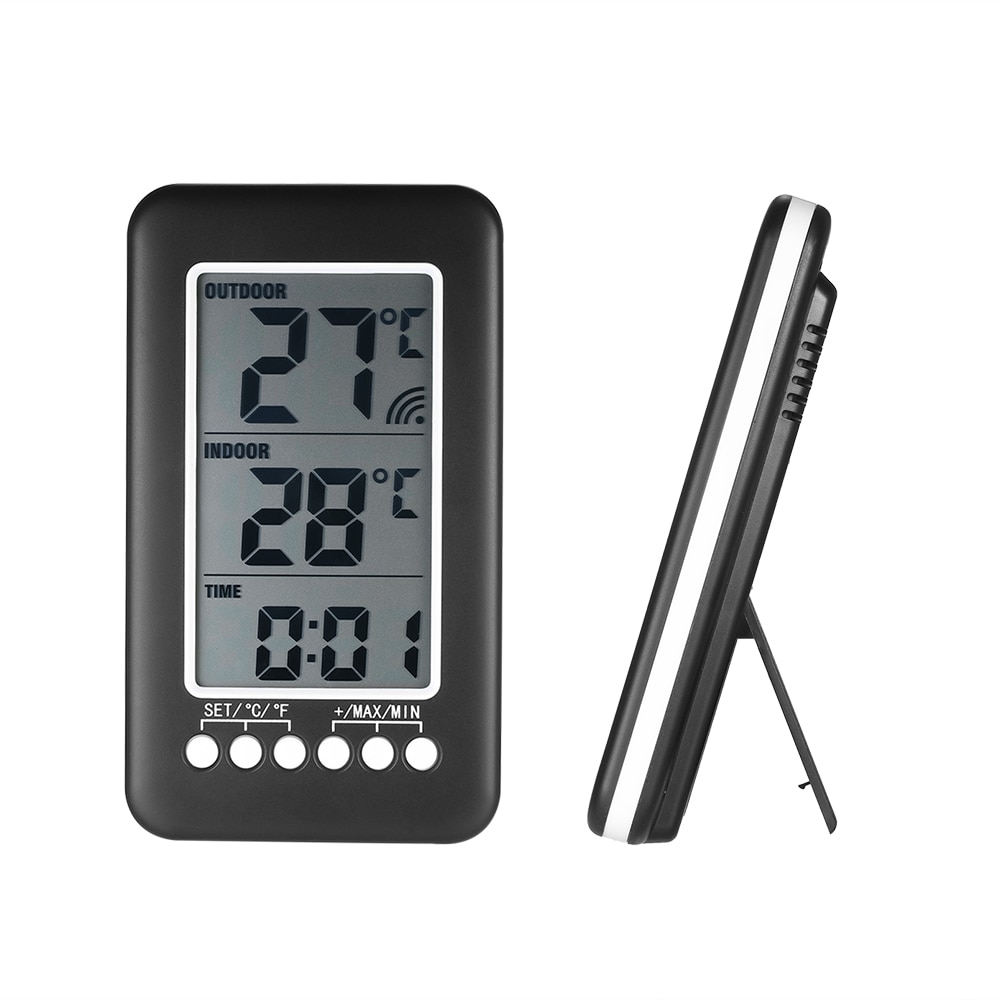 Digitalt termometer med klokkefunksjon utendørs innendørs lcd trådløs temperaturmåler elektronisk termometer værstasjon