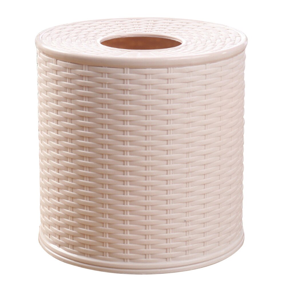 Tissue Box Toilet Bathroom Tissue Holder Rattan Surface Round Covers Living Room: White