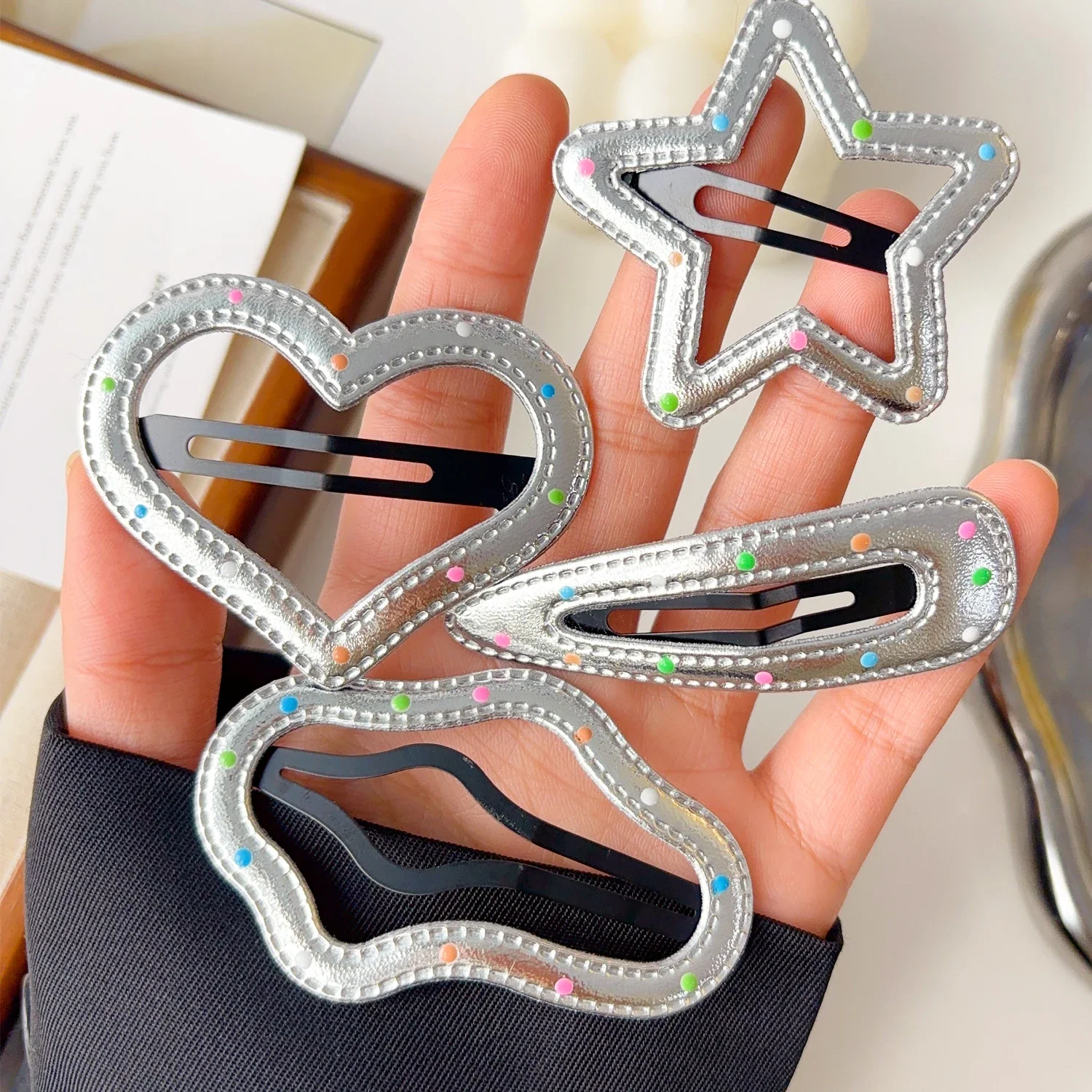 Horquillas plateadas de PU Y2K, pinzas para el cabello de varios estilos, estrellas BB, horquillas con Clip, pasador lateral bonito, accesorios para el cabello para mujer