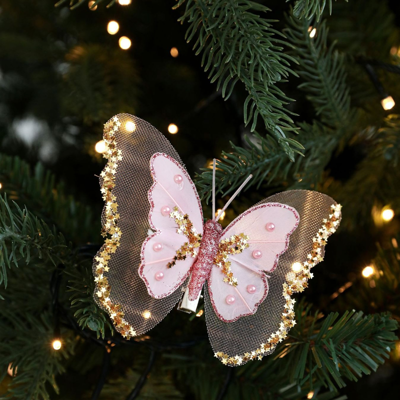 Christmas Decoration Double Layer Butterfly Christmas Tree Clip Hanging Decoration Sparkling Pink Hollow Pendant Decoration