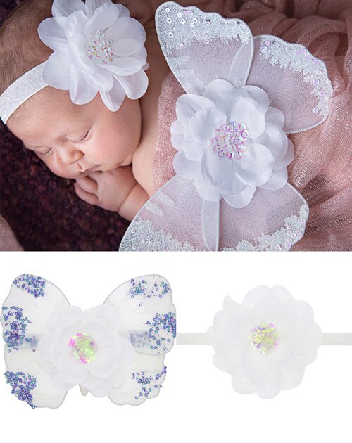 Dejlige nyfødte baby fotografering rekvisitter spædbarn piger blomst pandebånd + vinge 2 stk outfit sæt kostume prop tilbehør i 0-6 måneder: Hvid
