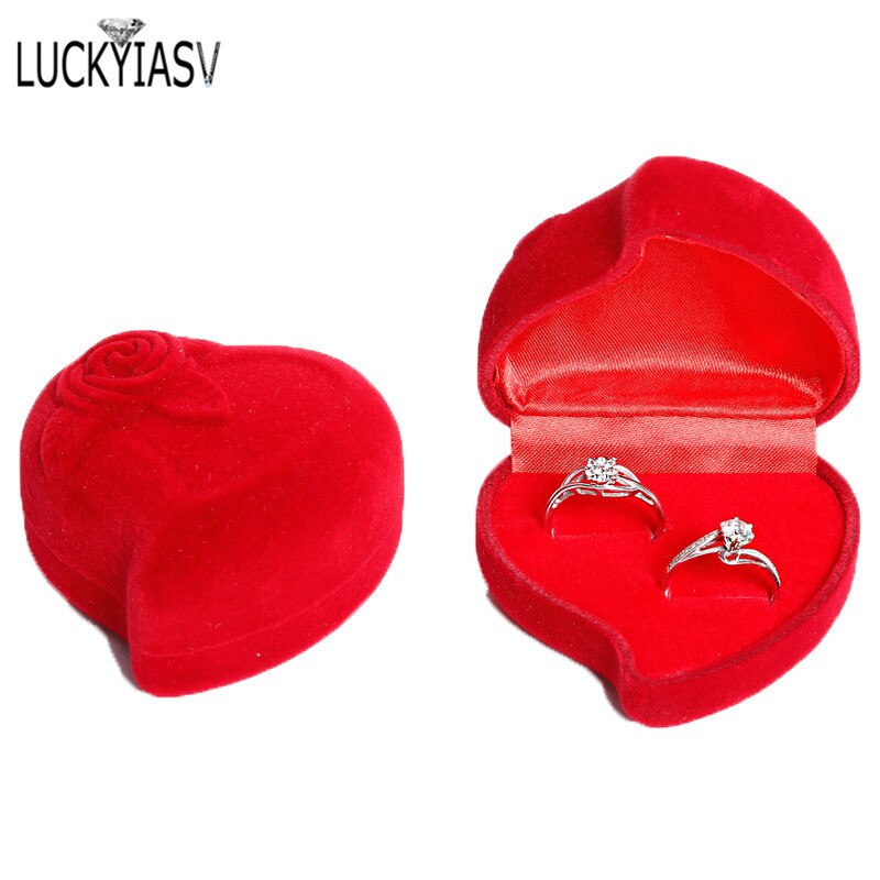 8 Kleur Hartvorm Fluwelen Ring Box Engagement Bruiloft Sieraden Dozen Rose Bloem Houder Voor Lover: 2 rings red