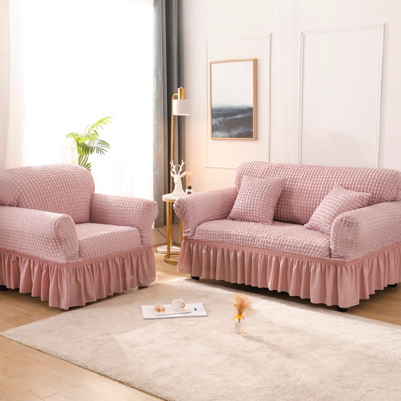 Stretch Sofa Cover 3D Plaid Roze Hoes Universele Furniture Covers Met Elegante Rok Voor Woonkamer Fauteuil Couch Sofa