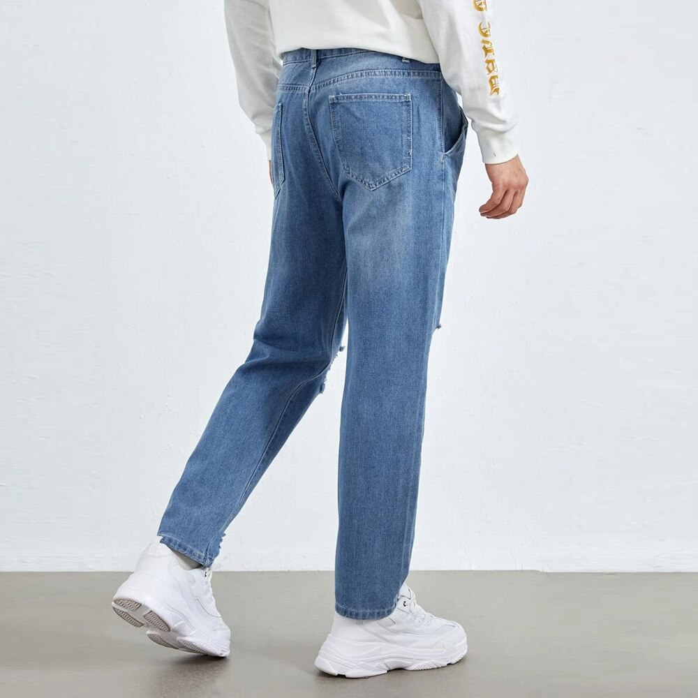 2022 Autumn Street Straight Leg Denim Pants Slim-Fit Men's Ripped Jeans Casual Wear And Wash Pocket Men Trousers Size S-2XL