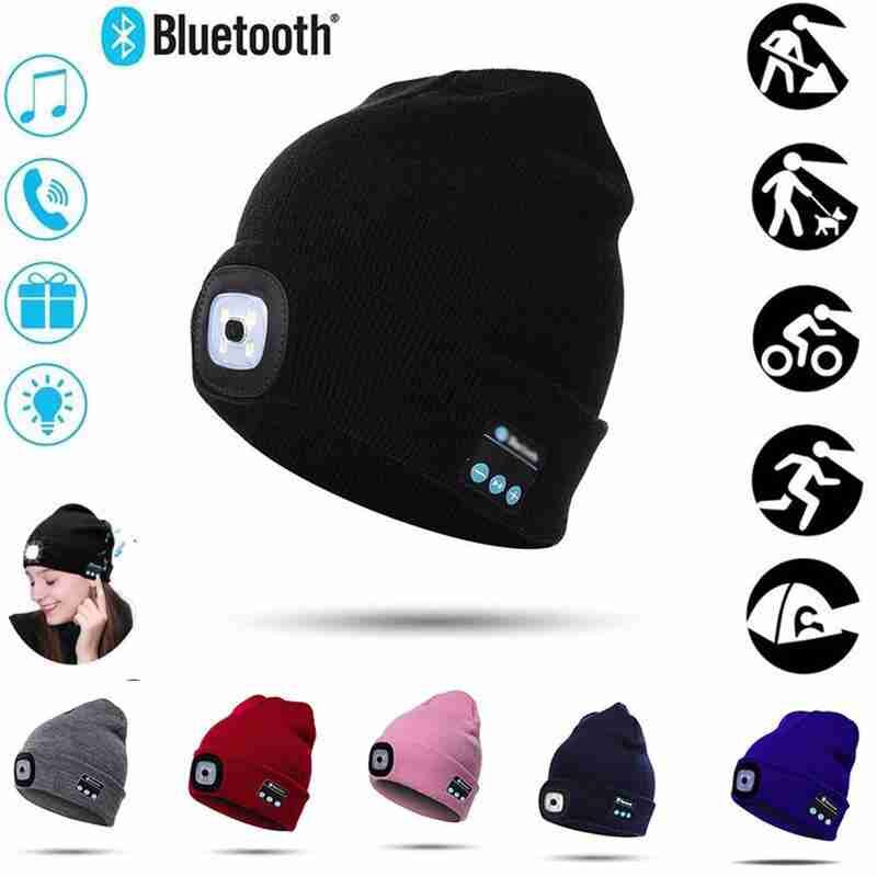 Bonnet tricoté avec lumière écouteur bluetooth chapeau avec LED en plein air alpinisme lumière lumineuse chapeau LED LED V7V1