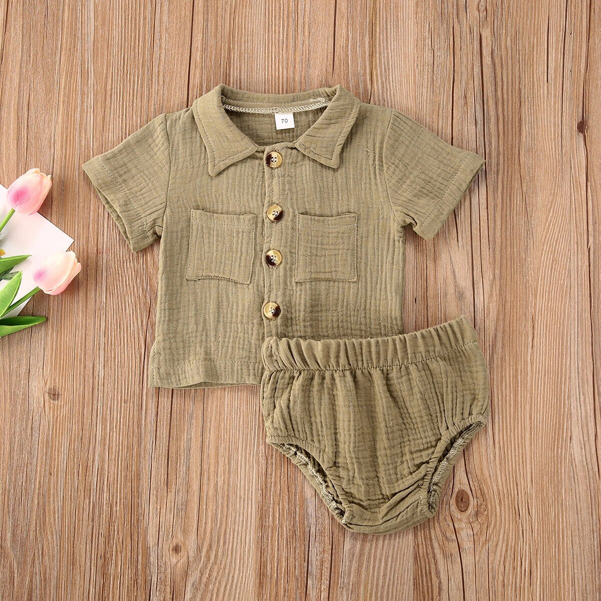 Baby pige dreng 2 stk outfit sæt solid plisseret button-down foldet krave kortærmet top skjorte trekant elastik bukser sæt