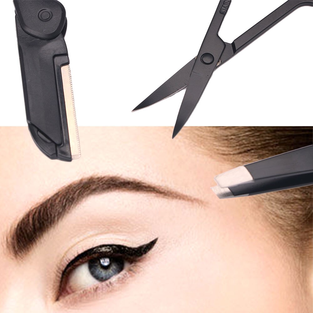 Pinzas negras para cejas, 1/3 Uds., pinzas de punta plana, tijeras curvas para nariz, eliminación de pestañas, vello de cejas, juego de maquillaje de acero inoxidable