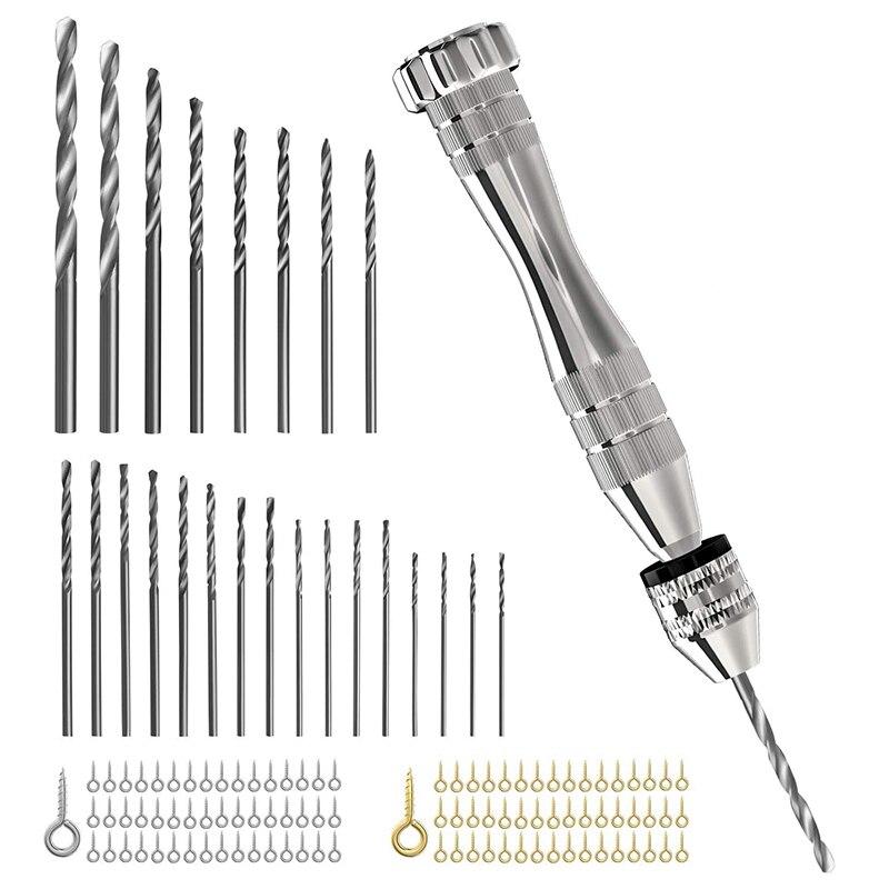 Pin Vise Hand Drill ,With 24 Pieces Twist Drill Bits and 100 Pieces Eye Screw Pins for Resin Wood Keychain Making CNIM