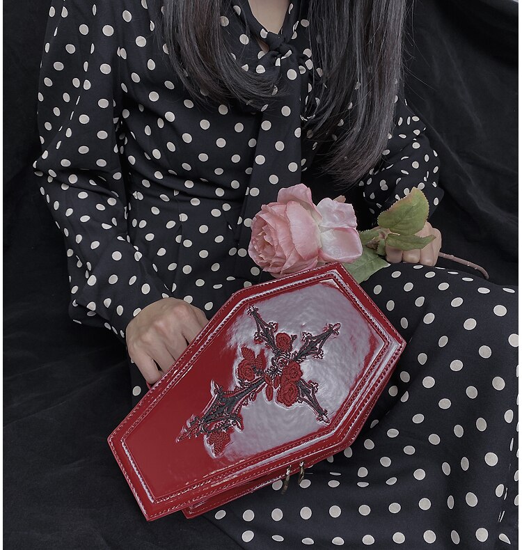 Harajuku Gothic Coffin Shape Purses and Handbags for Women Embroidered Cross Rose Dark Lolita Chain Crossbody Bag Punk Box