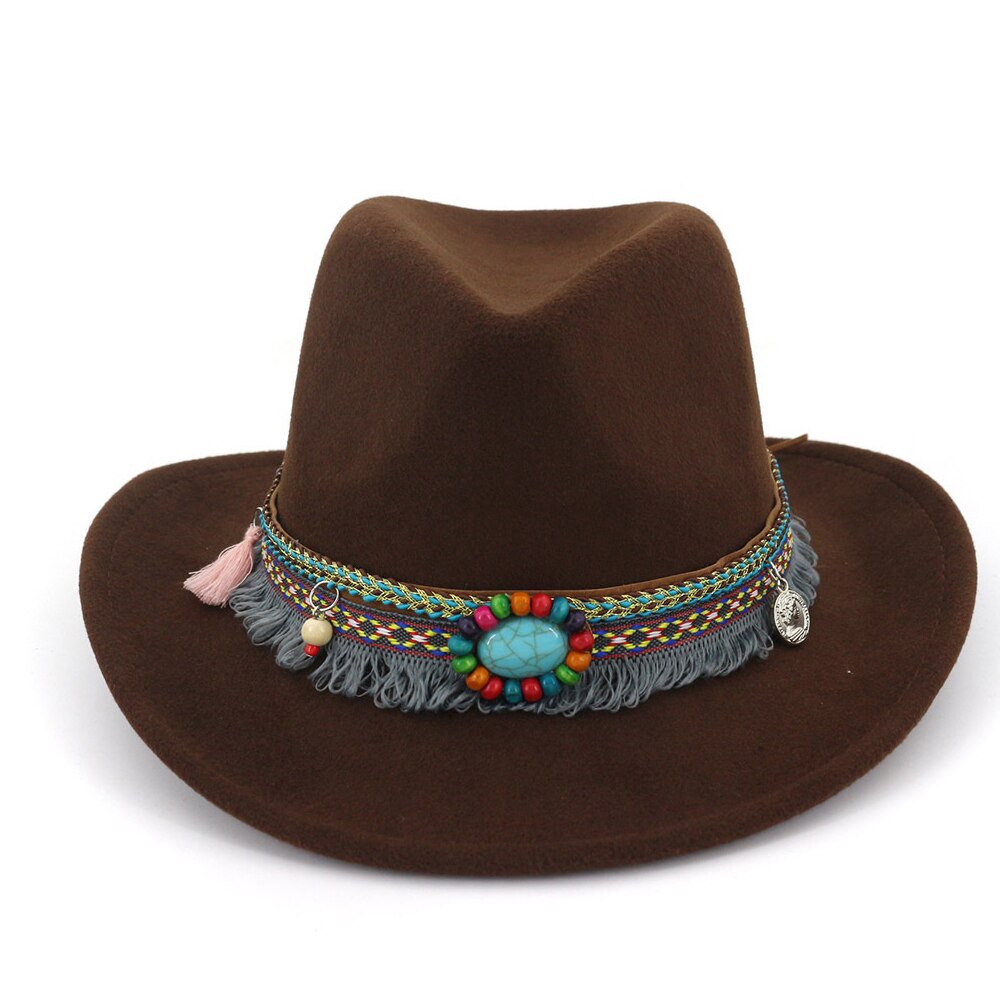 Women Wool Western Cowboy Hat With Tassel Ribbon Wide Brim Jazz Hat Sombrero Hombre Hat: Dark Coffee