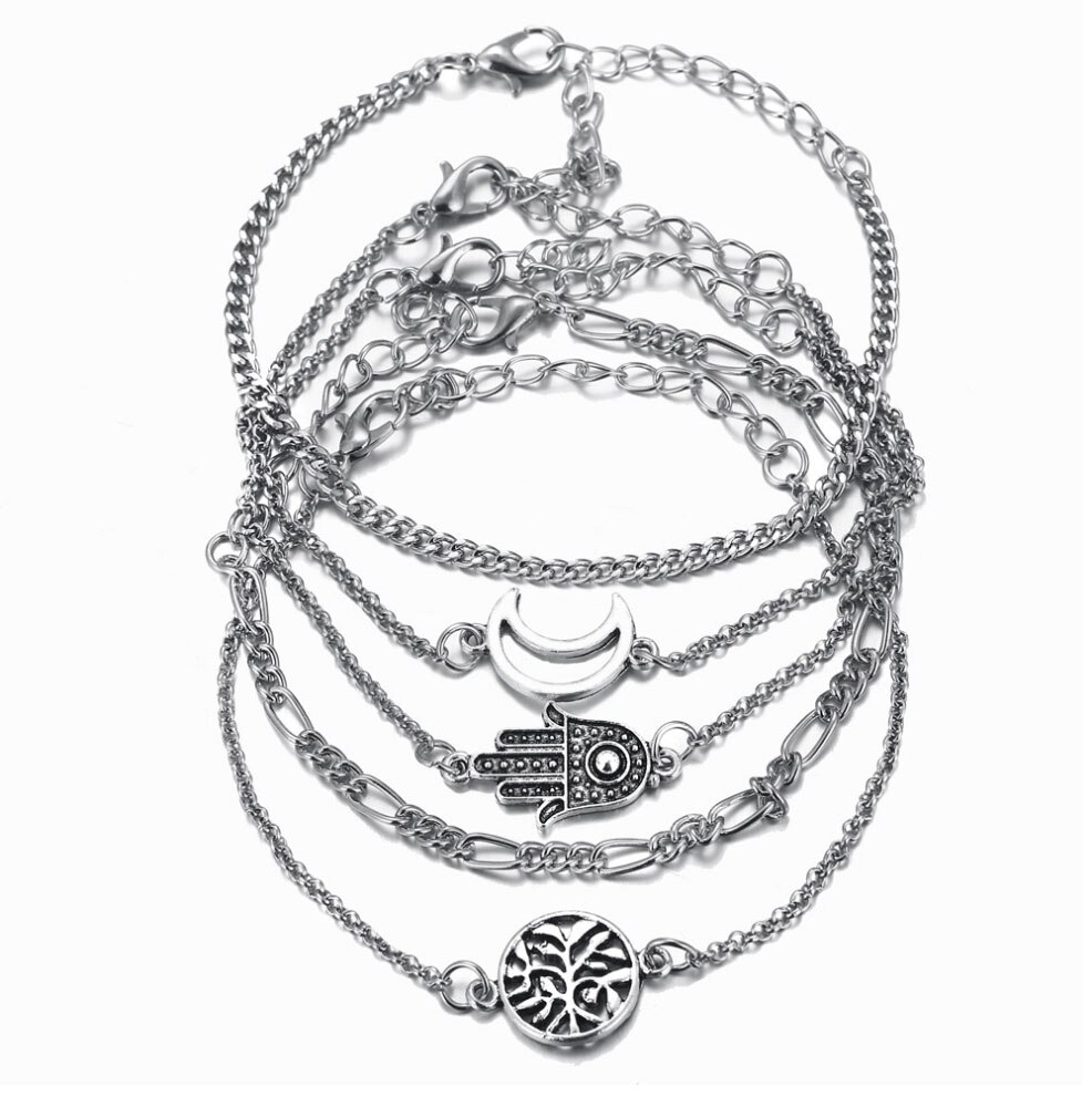 Bracelet Anklet sets 5pcs/set Hand Tree Leaf Moon charm metal chain silver color plated Figaro O chain Women