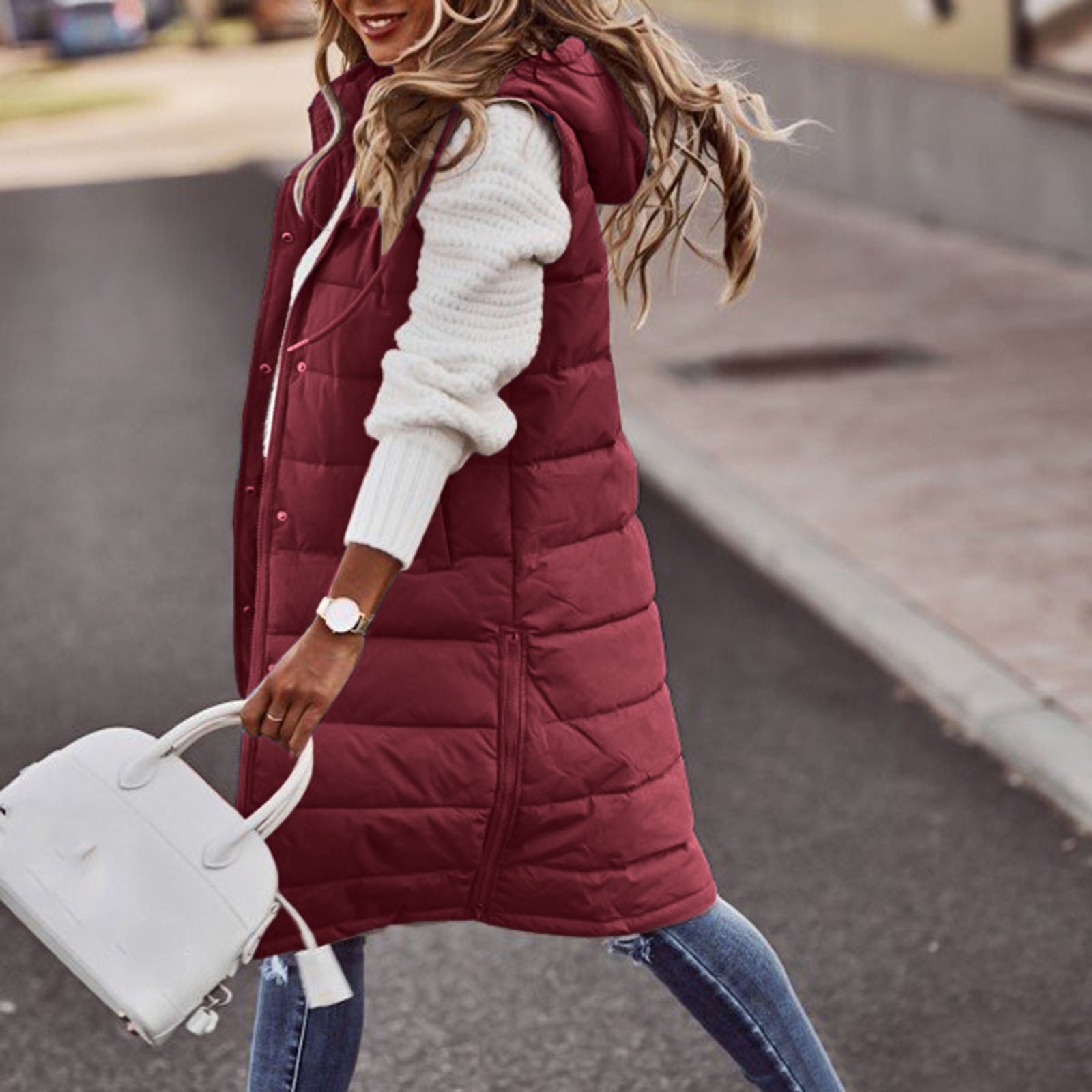 Winter Women's Long Quilted Jacket With Hood Outdoor Sleeveless Down Vest Winter Warm Quilted Coat With Pockets Thermal Parka